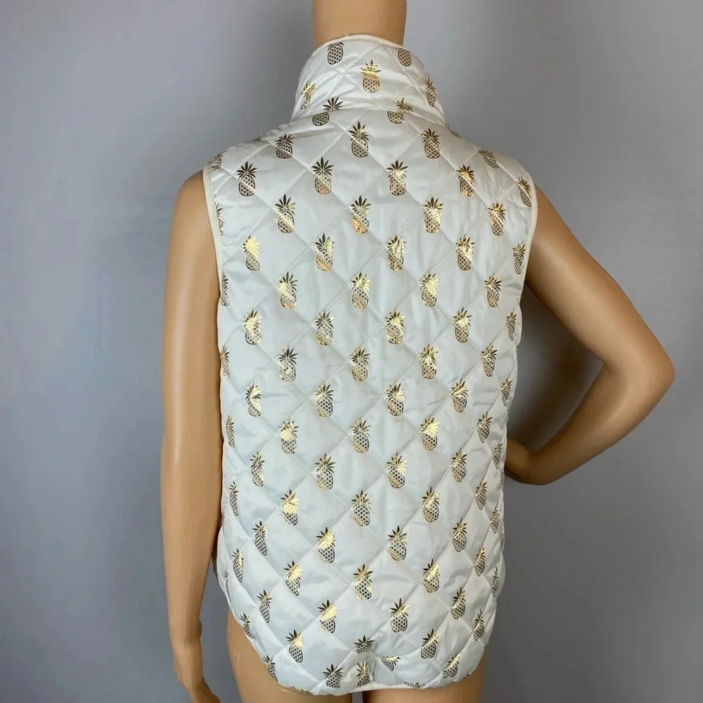 Simply Southern Womens Small Ivory Gold Pineapple Puffer Vest Full Zip Pockets - Picture 2 of 6